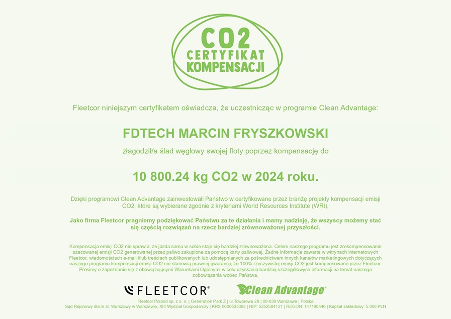2025_03_19 Fleetcor Poland sp z o_o Certyfikat Clean Advantage®