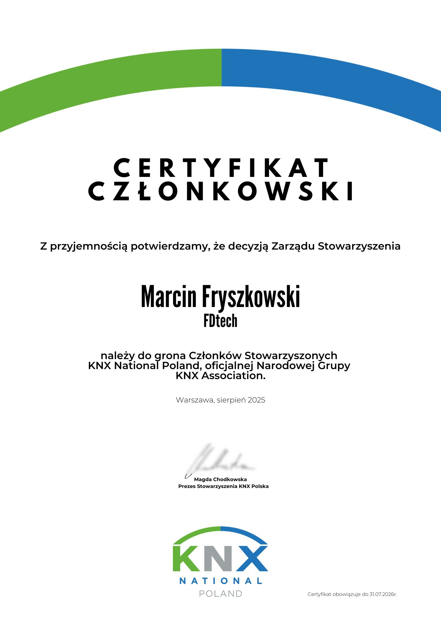 2025-08 FDtech Certyfikat członkowski KNX National Poland